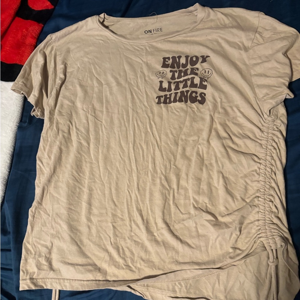 Beige Graphic Tee with Ruched Side